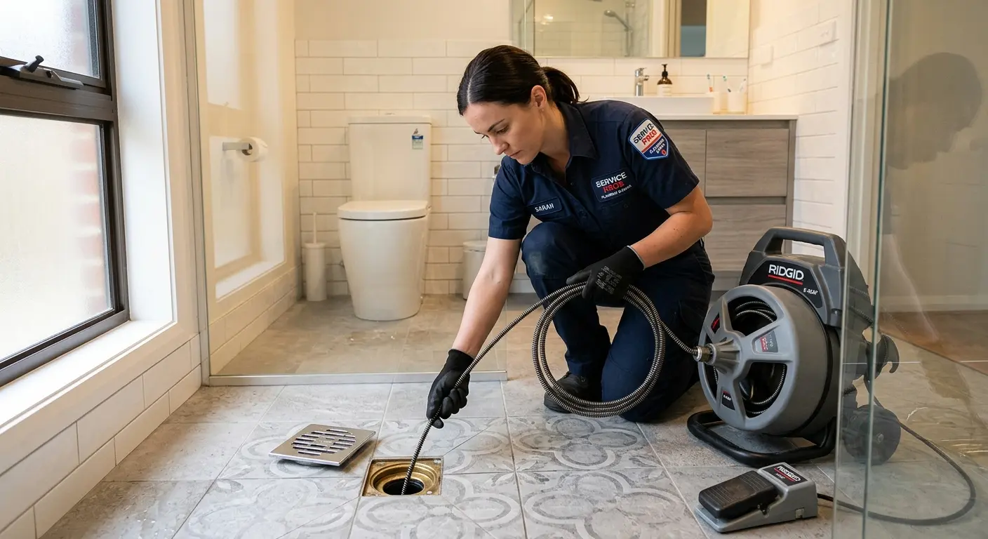 Technician clearing a bathroom floor drain for Hydro Jetting in Lake Villa